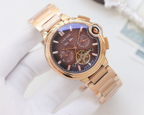 Cartier Rose Gold Brown Dial Leather Strap Watch — front