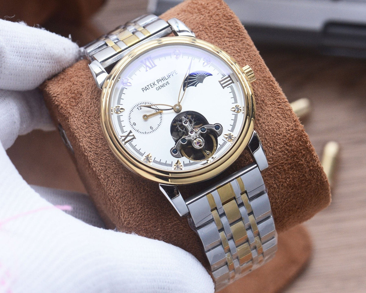 Patek Philippe Silver Gold White Dial Bracelet Watch — front