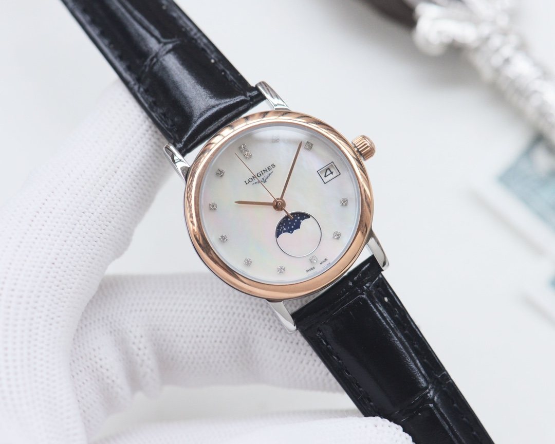 Longines Black Rose Gold White Dial Strap Watch — hero